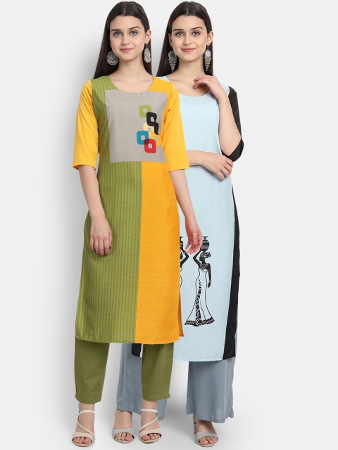 

7Threads Women Pack Of 2 Digital Print Straight Kurtas, Yellow