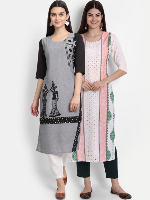 7Threads Women Pack Of 2 Digital Print Straight Kurtas, Grey
