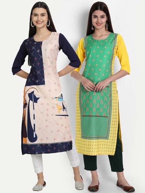 

7Threads Women Pack Of 2 Digital Print Straight Kurtas, Blue