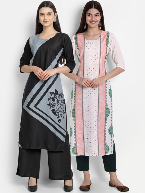 

7Threads Women Pack Of 2 Digital Print Straight Kurtas, Black