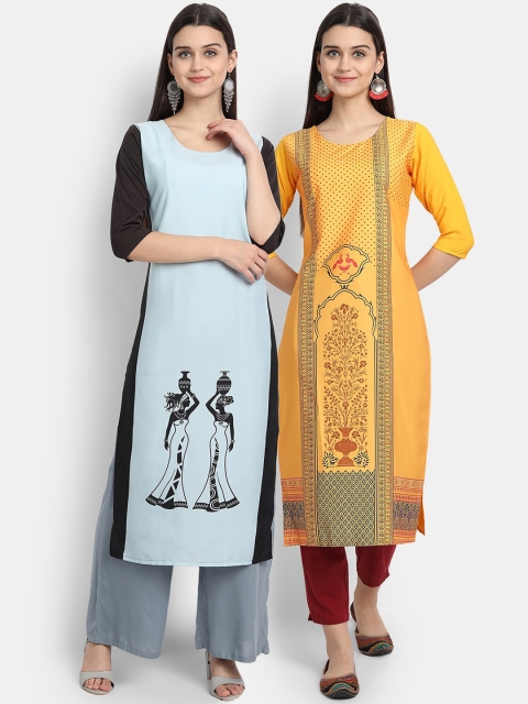 

7Threads Women Pack Of 2 Digital Print Straight Kurtas, Blue