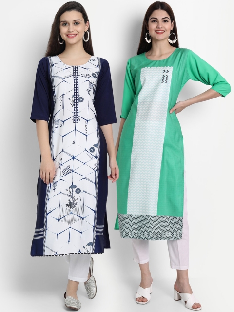 

7Threads Women Pack Of 2 Digital Print Straight Kurtas, Blue