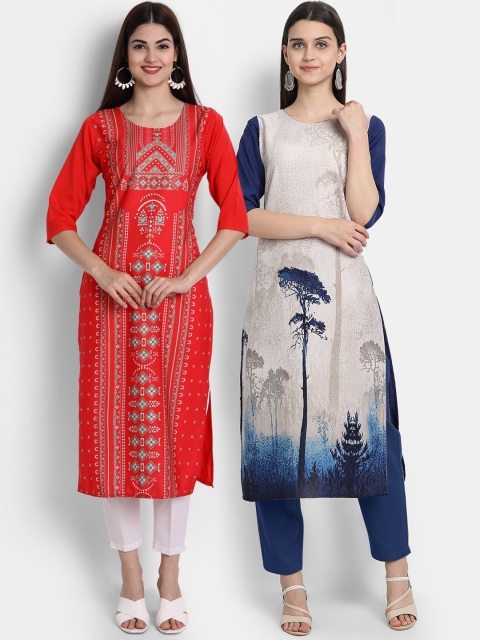 

7Threads Women Pack Of 2 Digital Print Straight Kurtas, Red