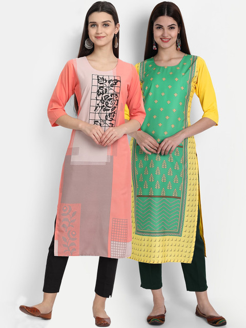 

7Threads Women Pack Of 2 Digital Print Straight Kurtas, Peach