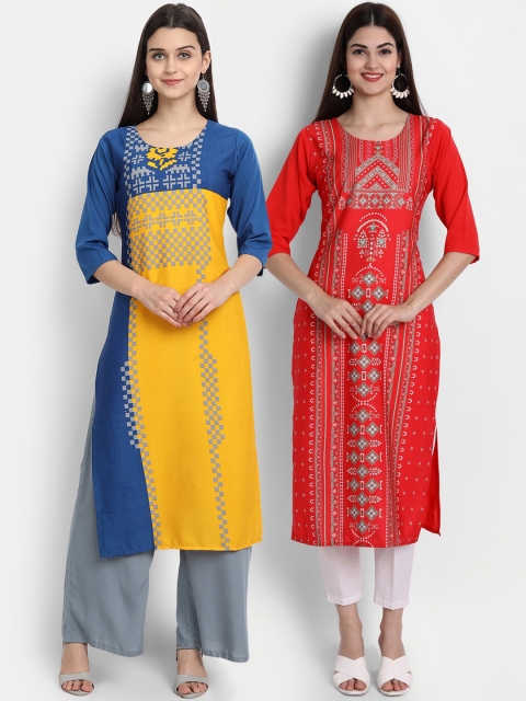 

7Threads Women Pack Of 2 Kurtas, Yellow