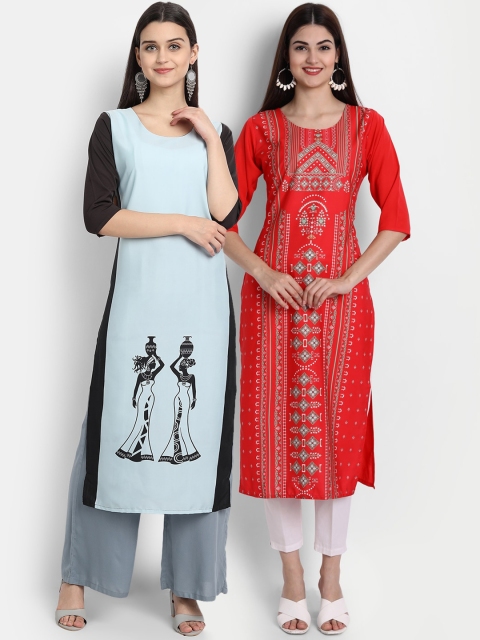 

7Threads Women Pack Of 2 Digital Print Straight Kurtas, Blue