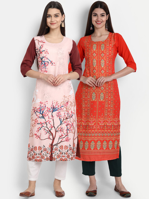 

7Threads Women Pack Of 2 Digital Print Straight Kurta, Pink