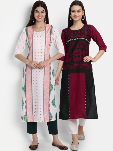 

7Threads Women Pack Of 2 Digital Print Straight Kurtas, Peach