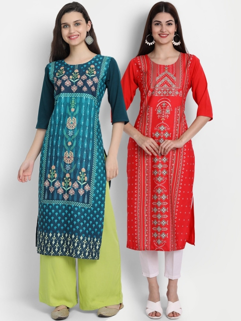 

7Threads Women Pack Of 2 Digital Print Straight Kurtas, Green
