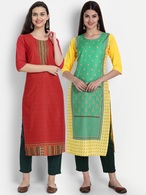 

7Threads Women Pack Of 2 Digital Print Straight Kurta, Maroon