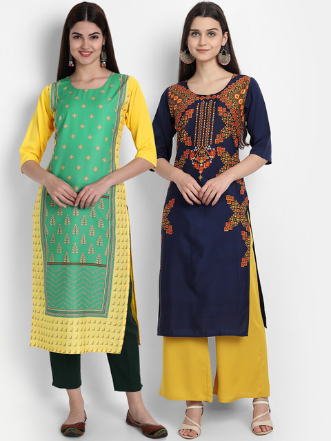 

7Threads Women Pack Of 2 Digital Print Straight Kurtas, Yellow