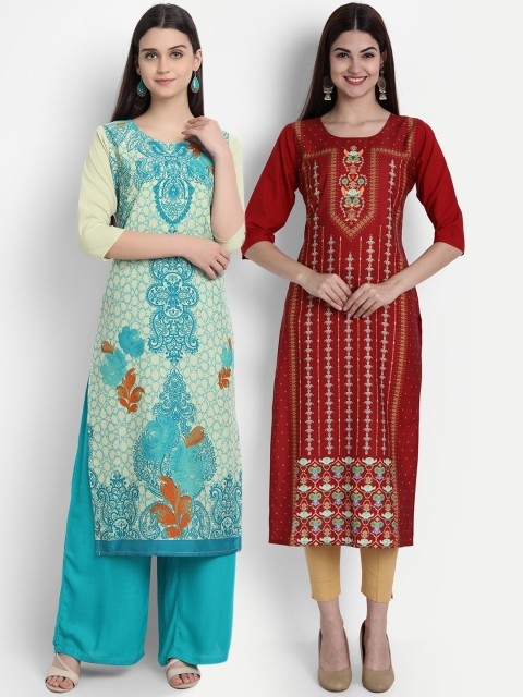 

7Threads Women Pack Of 2 Digital Print Straight Kurta, Green