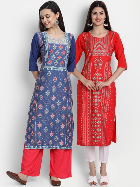 

7Threads Women Pack Of 2 Digital Print Straight Kurtas, Blue