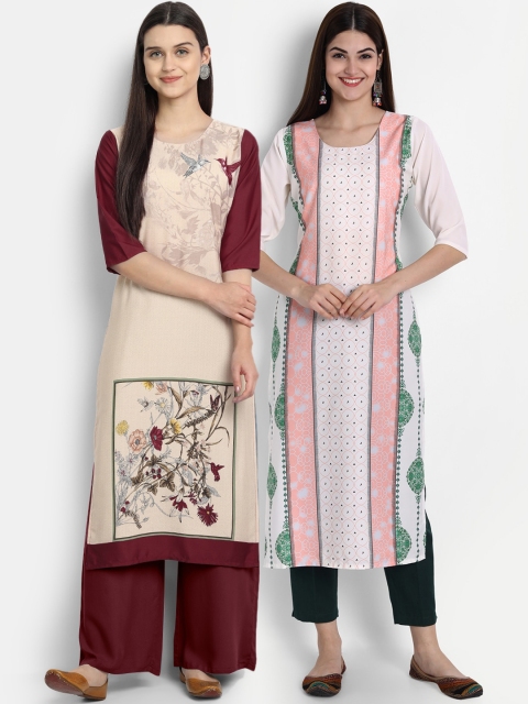 

7Threads Women Pack Of 2 Crepe Digital Print Straight Kurta, Beige