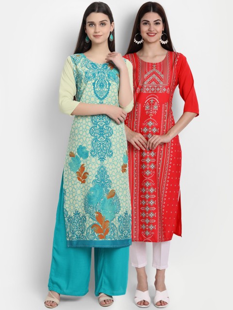 

7Threads Women Pack Of 2 Digital Print Straight Kurtas, Green