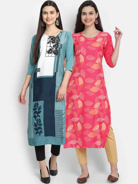 

7Threads Women Pack of 2 Pink & Teal Digital Printed Straight Kurtas