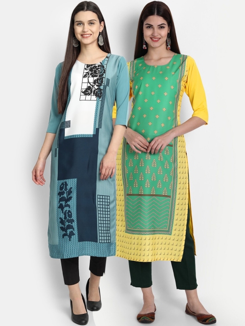 

7Threads Women Pack Of 2 Digital Print Straight Kurtas, Green