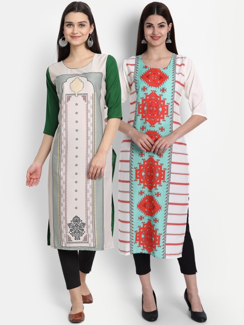 

7Threads Women Pack Of 2 Digital Print Straight Kurtas, Green