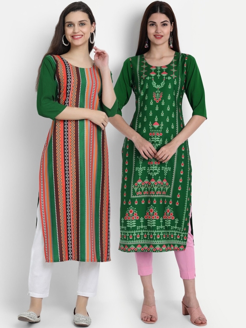 

7Threads Women Pack Of 2 Crepe Digital Print Straight Kurta, Green