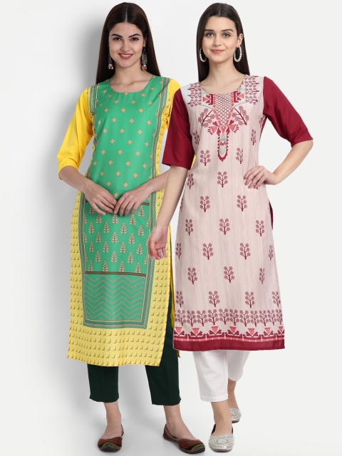 

7Threads Women Pack Of 2 Digital Print Straight Kurta, Yellow
