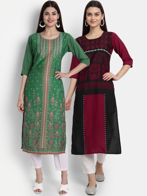 

7Threads Women Pack Of 2 Digital Print Straight Kurtas, Green