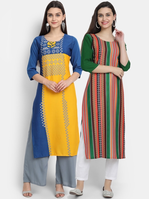

7Threads Women Pack Of 2 Digital Print Straight Kurtas, Blue
