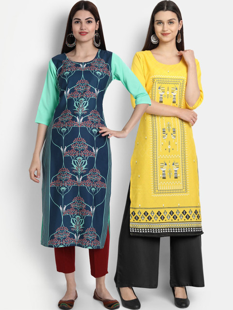

7Threads Women Pack Of 2 Digital Print Straight Kurtas, Blue