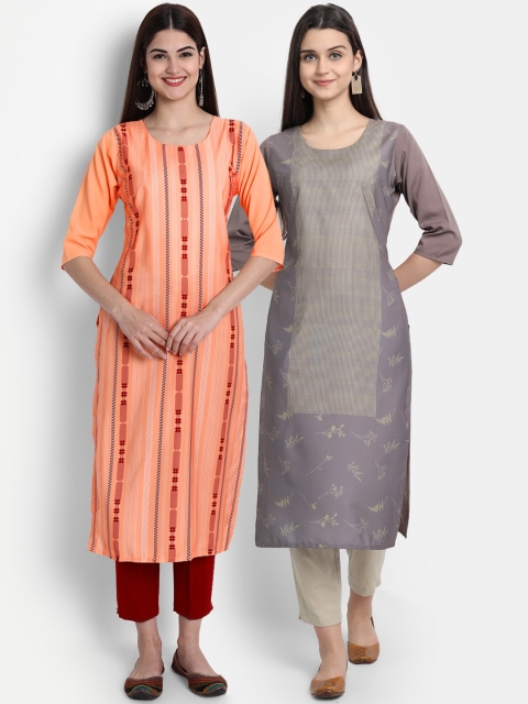 

7Threads Women Pack Of 2 Digital Print Straight Kurta, Orange