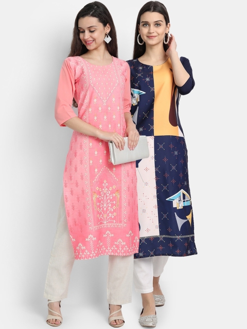 

7Threads Women Pack Of 2 Digital Print Straight Kurtas, Pink