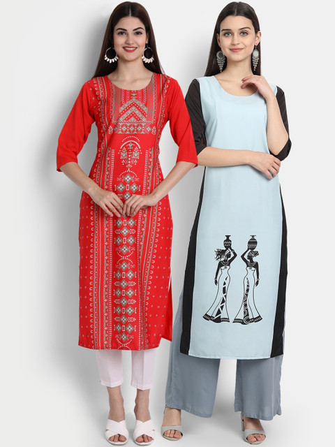

7Threads Women Pack Of 2 Digital Print Straight Kurta, Red
