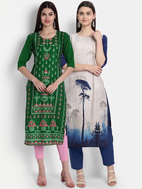 

7Threads Women Pack Of 2 Digital Print Straight Kurtas, Green