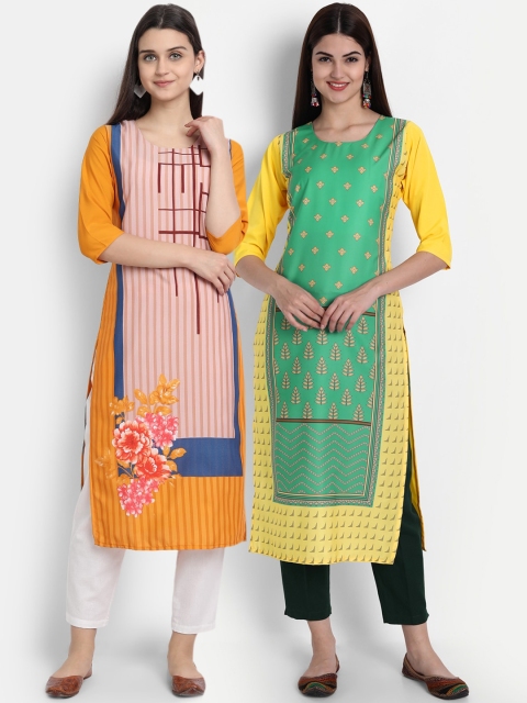 

7Threads Women Pack Of 2 Digital Print Straight Kurtas, Orange