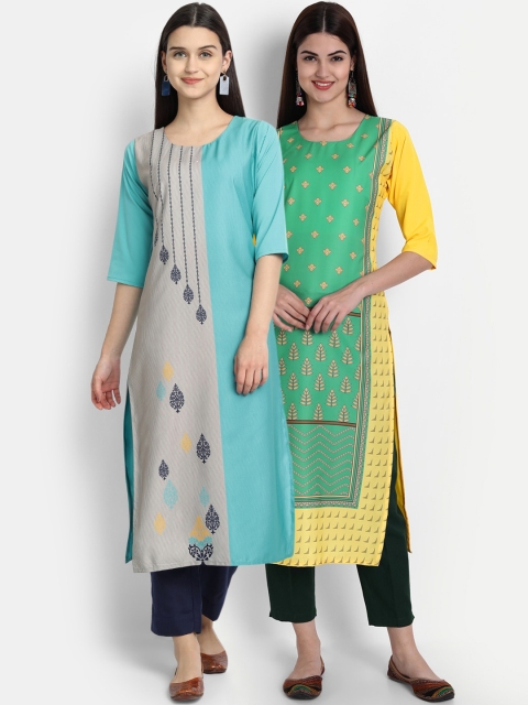 

7Threads Women Pack Of 2 Digital Print Straight Kurtas, Blue