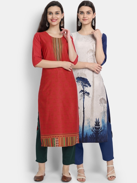 

7Threads Women Pack Of 2 Digital Print Straight Kurta, Red