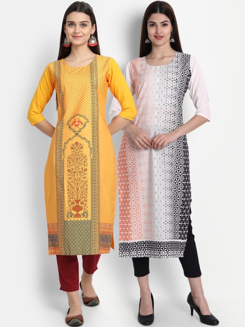 

7Threads Women Pack Of 2 Digital Print Straight Kurtas, Yellow
