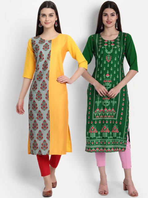 

7Threads Women Pack Of 2 Digital Print Straight Kurtas, Yellow