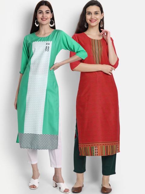 

7Threads Women Pack Of 2 Digital Print Straight Kurtas, Green