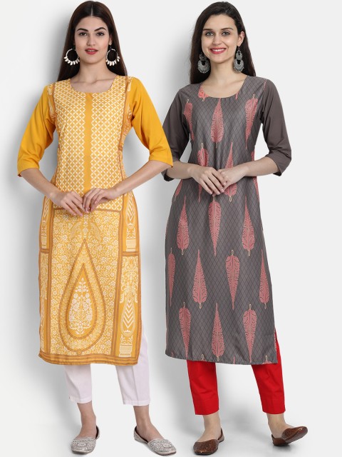 

7Threads Women Pack Of 2 Digital Print Straight Kurtas, Yellow