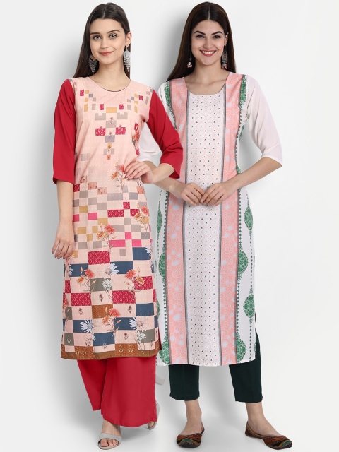 

7Threads Women Pack Of 2 Digital Print Straight Kurtas, Red