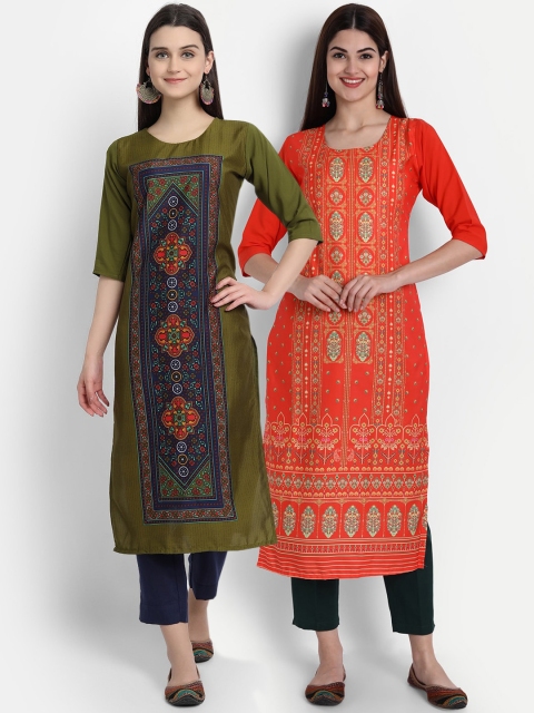 

7Threads Women Pack Of 2 Digital Print Straight Kurtas, Green