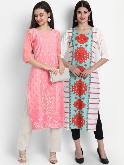 

7Threads Women Pack Of 2 Digital Print Straight Kurtas, Pink