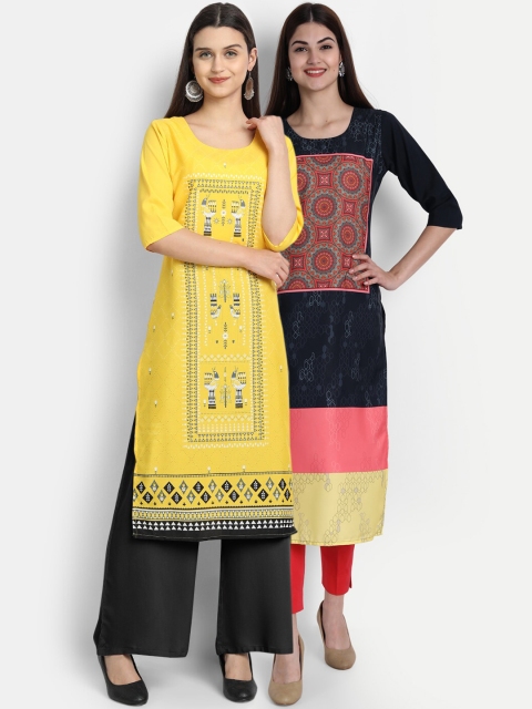 

7Threads Women Pack Of 2 Digital Print Straight Kurtas, Yellow