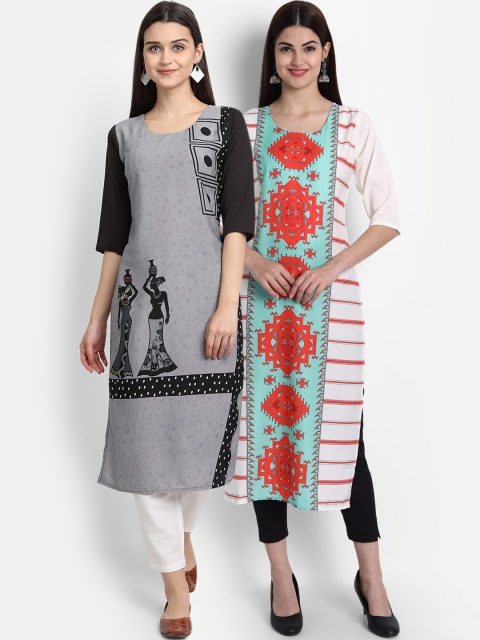 

7Threads Women Pack Of 2 Digital Print Straight Kurtas, Grey