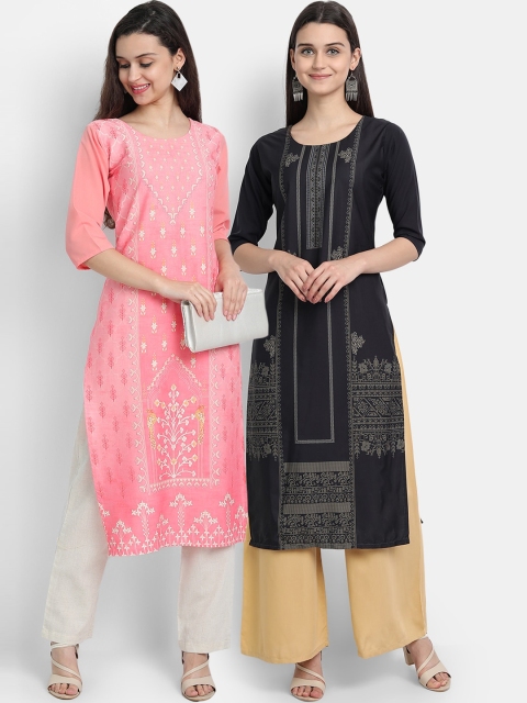 

7Threads Women Pack Of 2 Digital Print Straight Kurtas, Pink