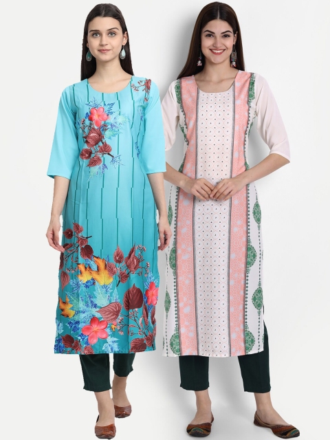 

7Threads Women Pack Of 2 Digital Print Straight Kurtas, Blue