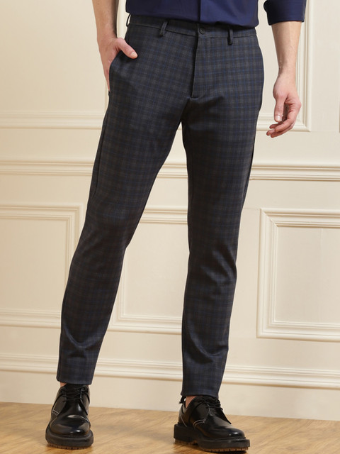 

HUGO Men Navy Blue & Grey Checked Smart Slim Fit Pure Cotton Trousers