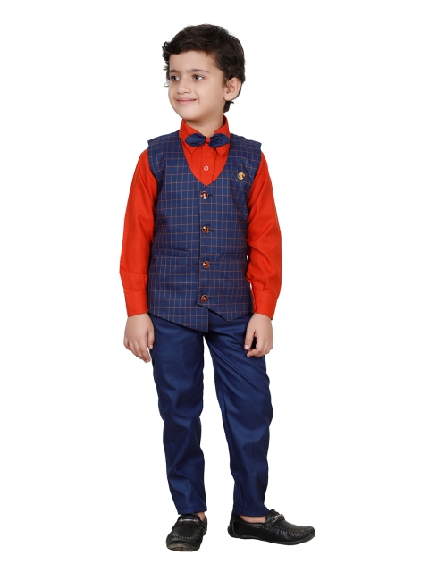 

FOURFOLDS Boys Navy Blue & Red Checked 3 Piece Suit Set