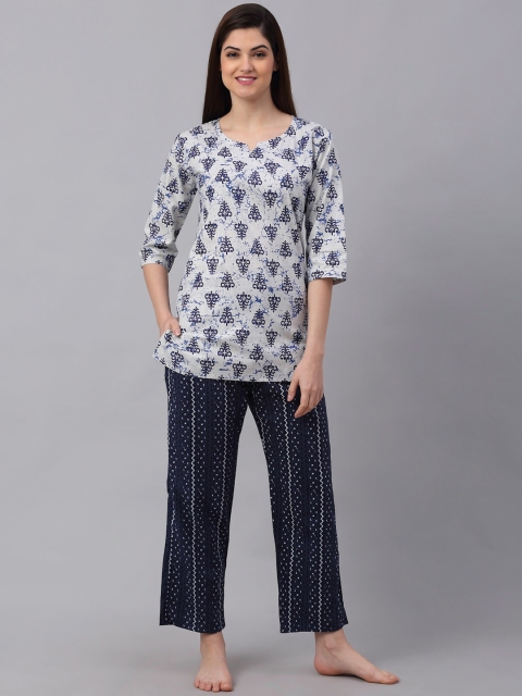 

NEUDIS Women White & Navy Blue Printed Night suit