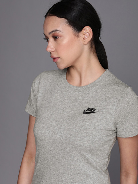 

Nike Women Grey Melange Brand Logo Embroidered Pure Cotton CLUB T-shirt