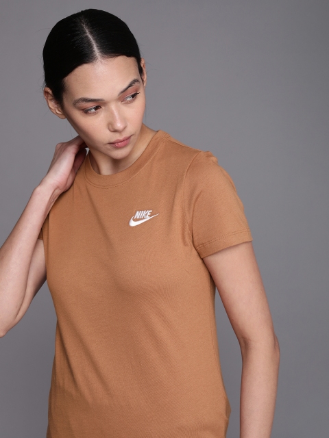 

Nike Women Brown Brand Logo Embroidered Pure Cotton T-shirt